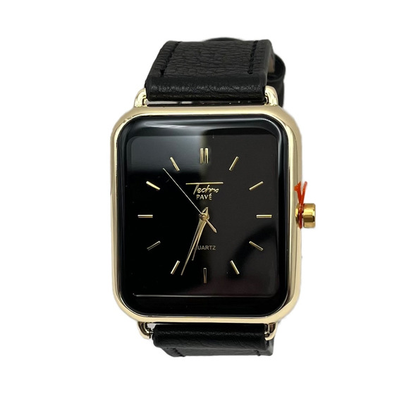 Techno Pave Jasper 35mm Square Leather Band Watch in Black/Gold - Picture 1 of 6